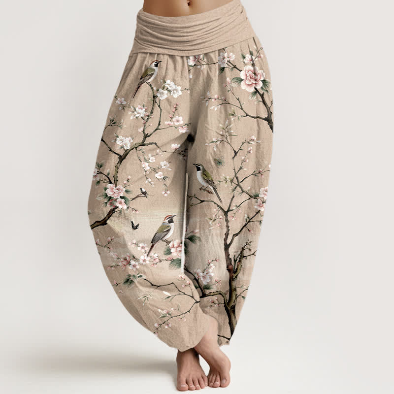 Buddha Stones Pantaloni harem da donna in cotone con motivo a fiori di ciliegio e uccelli, con elastico in vita. - Legno robusto - US16, UK/AU20, EU48 (3XL) - image 8