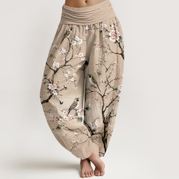 Buddha Stones Pantaloni harem da donna in cotone con motivo a fiori di ciliegio e uccelli, con elastico in vita. - Legno robusto - US16, UK/AU20, EU48 (3XL) - image 8