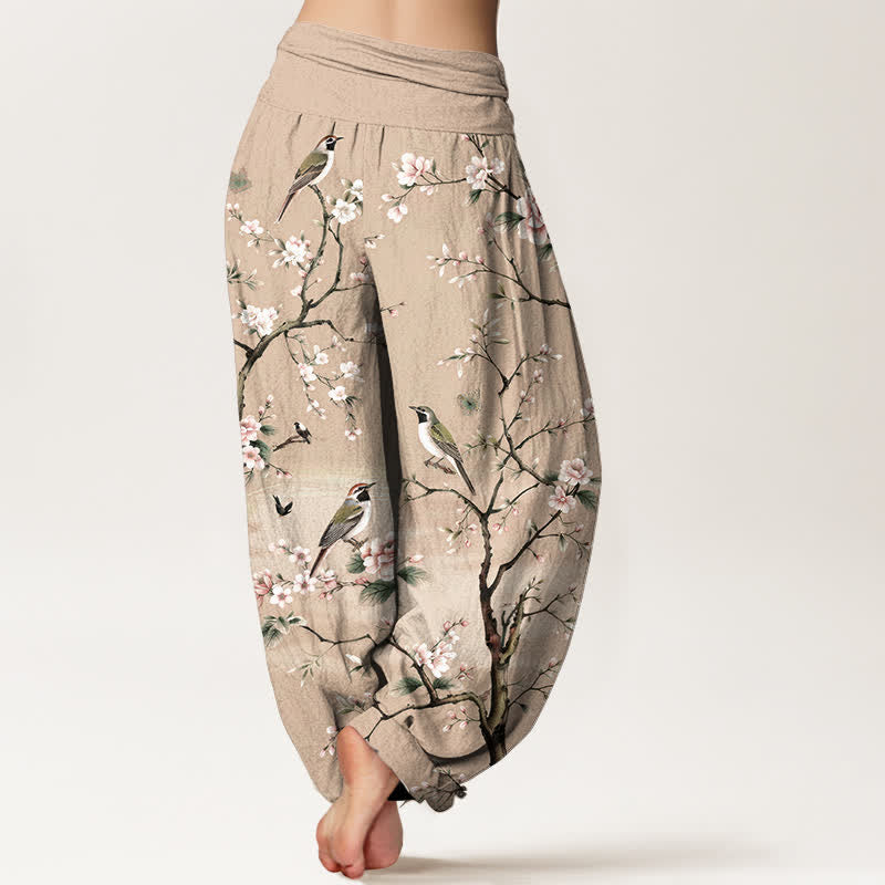 Buddha Stones Pantaloni harem da donna in cotone con motivo a fiori di ciliegio e uccelli, con elastico in vita. - image 10