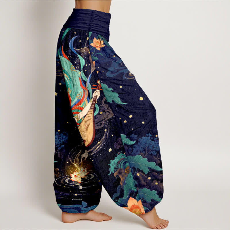 Buddha Stones Pantaloni harem da donna in cotone con motivo "Musicista Celeste e Loto" e vita elasticizzata. - image 6
