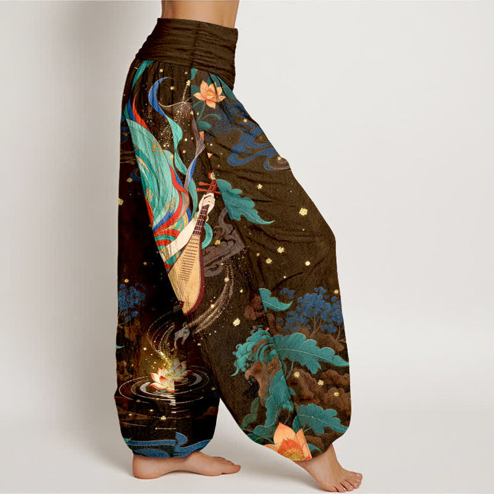 Buddha Stones Pantaloni harem da donna in cotone con motivo "Musicista Celeste e Loto" e vita elasticizzata. - image 9