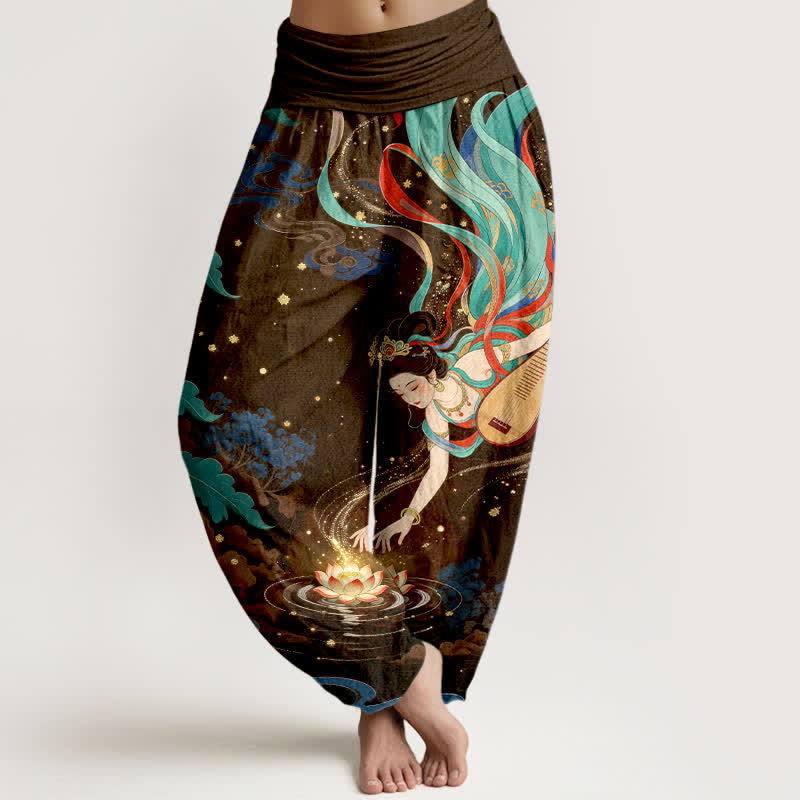 Buddha Stones Pantaloni harem da donna in cotone con motivo "Musicista Celeste e Loto" e vita elasticizzata. - Marrone sella - US16, UK/AU20, EU48 (3XL) - image 8