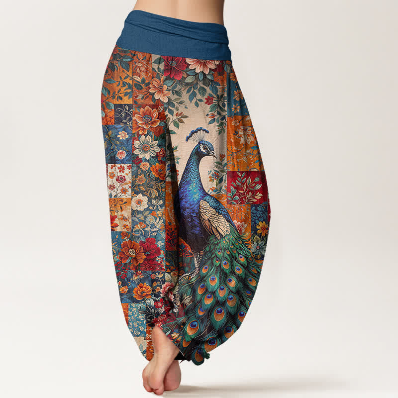 Buddha Stones Pantaloni harem da donna in cotone con motivo patchwork floreale e pavone, vita elasticizzata. - image 2