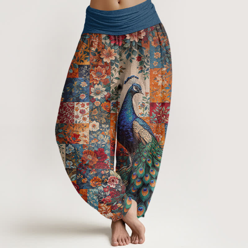 Buddha Stones Pantaloni harem da donna in cotone con motivo patchwork floreale e pavone, vita elasticizzata. - Verde acqua - US16, UK/AU20, EU48 (3XL) - image 0