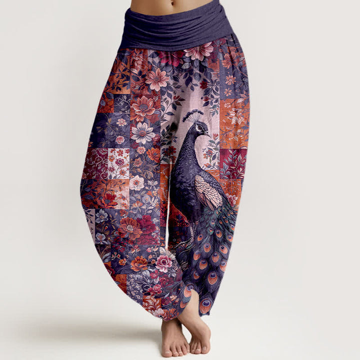 Buddha Stones Pantaloni harem da donna in cotone con motivo patchwork floreale e pavone, vita elasticizzata. - Indaco - US16, UK/AU20, EU48 (3XL) - image 5