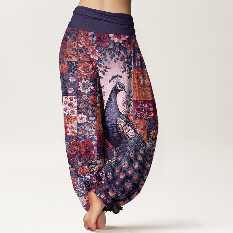Buddha Stones Pantaloni harem da donna in cotone con motivo patchwork floreale e pavone, vita elasticizzata. - image 7