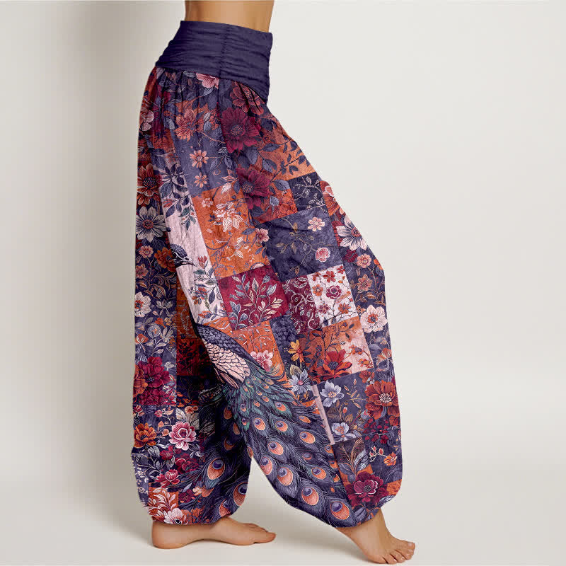 Buddha Stones Pantaloni harem da donna in cotone con motivo patchwork floreale e pavone, vita elasticizzata. - image 6