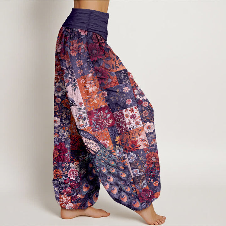 Buddha Stones Pantaloni harem da donna in cotone con motivo patchwork floreale e pavone, vita elasticizzata. - image 6