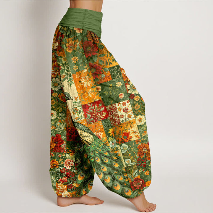 Buddha Stones Pantaloni harem da donna in cotone con motivo patchwork floreale e pavone, vita elasticizzata. - image 9