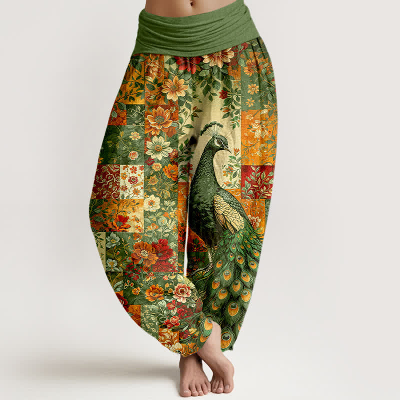 Buddha Stones Pantaloni harem da donna in cotone con motivo patchwork floreale e pavone, vita elasticizzata. - Verde oliva - US16, UK/AU20, EU48 (3XL) - image 8