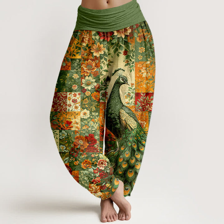 Buddha Stones Pantaloni harem da donna in cotone con motivo patchwork floreale e pavone, vita elasticizzata. - Verde oliva - US16, UK/AU20, EU48 (3XL) - image 8