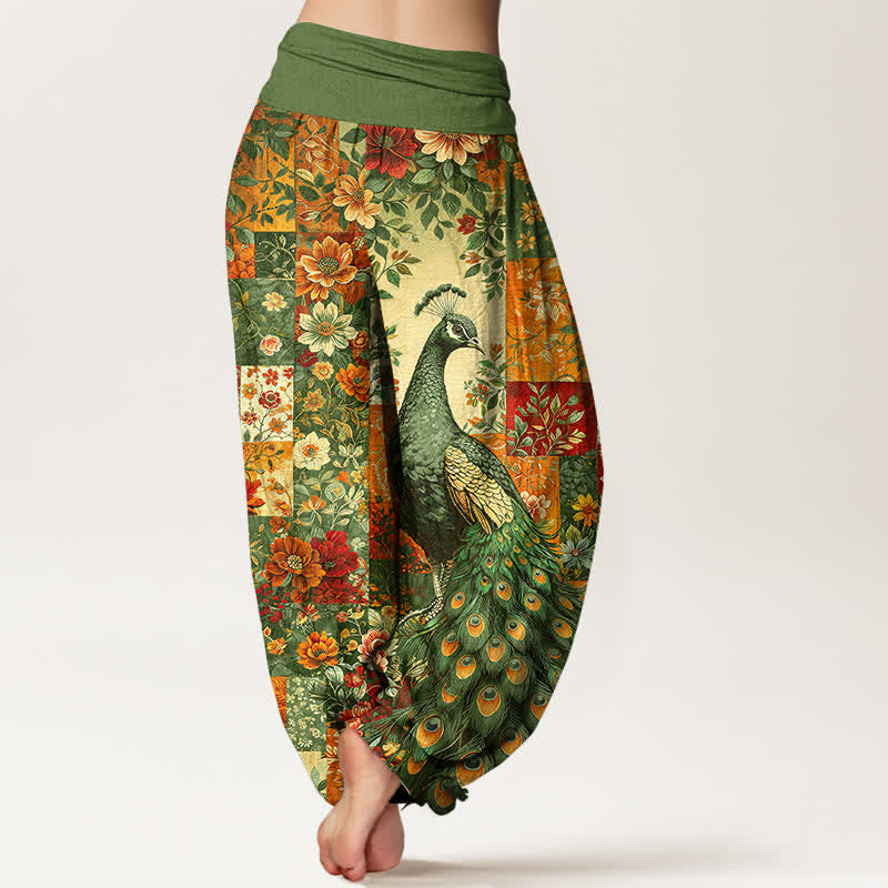 Buddha Stones Pantaloni harem da donna in cotone con motivo patchwork floreale e pavone, vita elasticizzata. - image 10