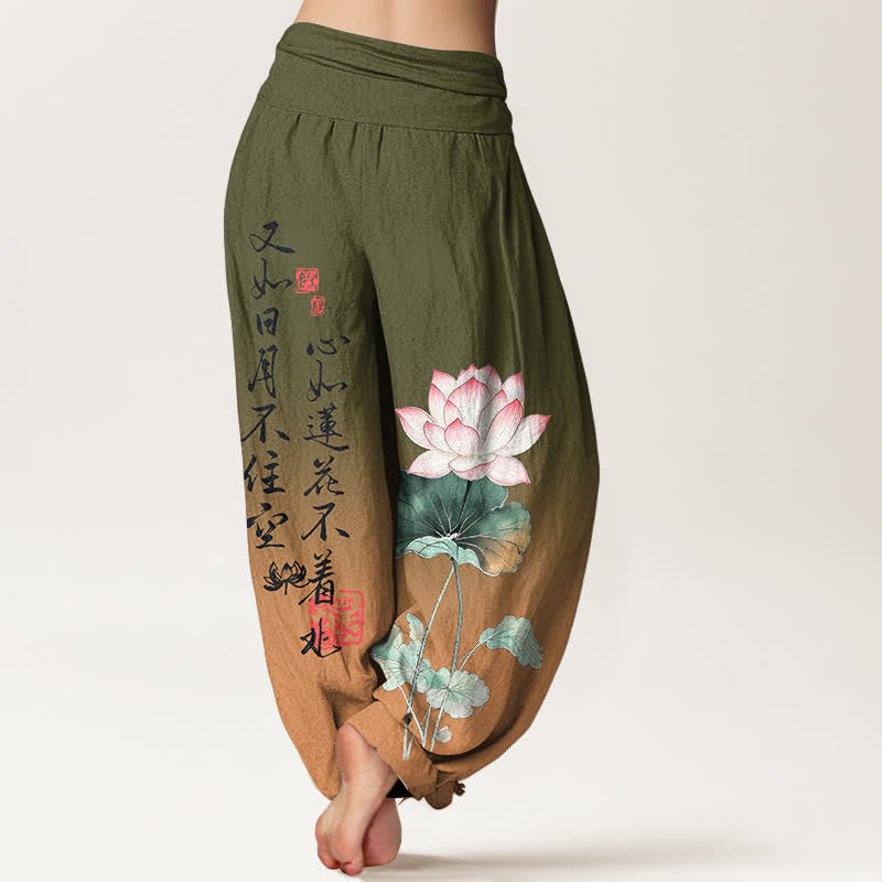 Buddha Stones Pantaloni harem da donna in cotone con motivo calligrafico a loto e vita elasticizzata. - image 2