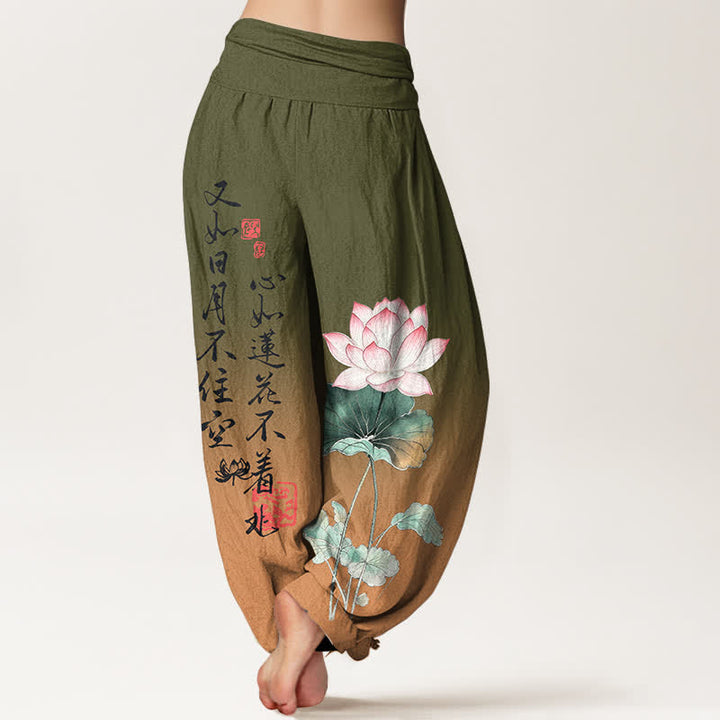 Buddha Stones Pantaloni harem da donna in cotone con motivo calligrafico a loto e vita elasticizzata. - image 2