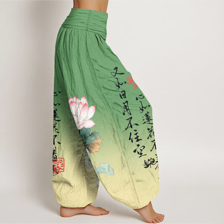 Buddha Stones Pantaloni harem da donna in cotone con motivo calligrafico a loto e vita elasticizzata. - image 9