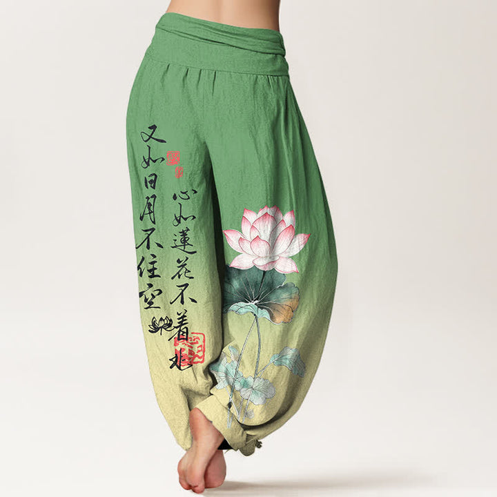 Buddha Stones Pantaloni harem da donna in cotone con motivo calligrafico a loto e vita elasticizzata. - image 10