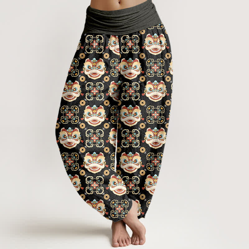 Buddha Stones Pantaloni harem da donna in cotone con motivo a maschera di leone tribale e elastico in vita. - Grigio tenue - US16, UK/AU20, EU48 (3XL) - image 0