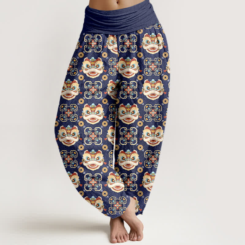 Buddha Stones Pantaloni harem da donna in cotone con motivo a maschera di leone tribale e elastico in vita. - Marina - US16, UK/AU20, EU48 (3XL) - image 5