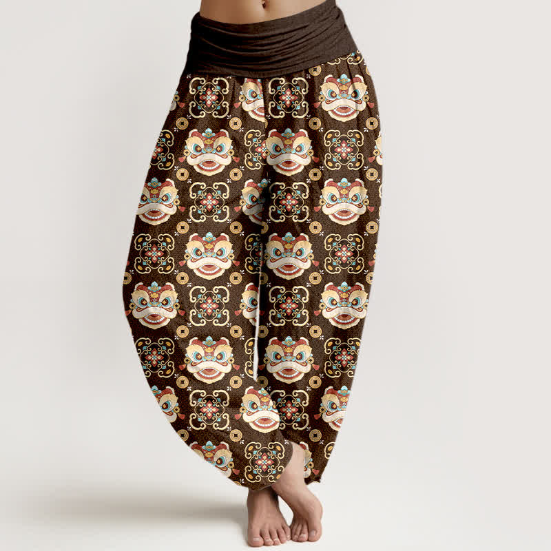 Buddha Stones Pantaloni harem da donna in cotone con motivo a maschera di leone tribale e elastico in vita. - Marrone sella - US16, UK/AU20, EU48 (3XL) - image 8
