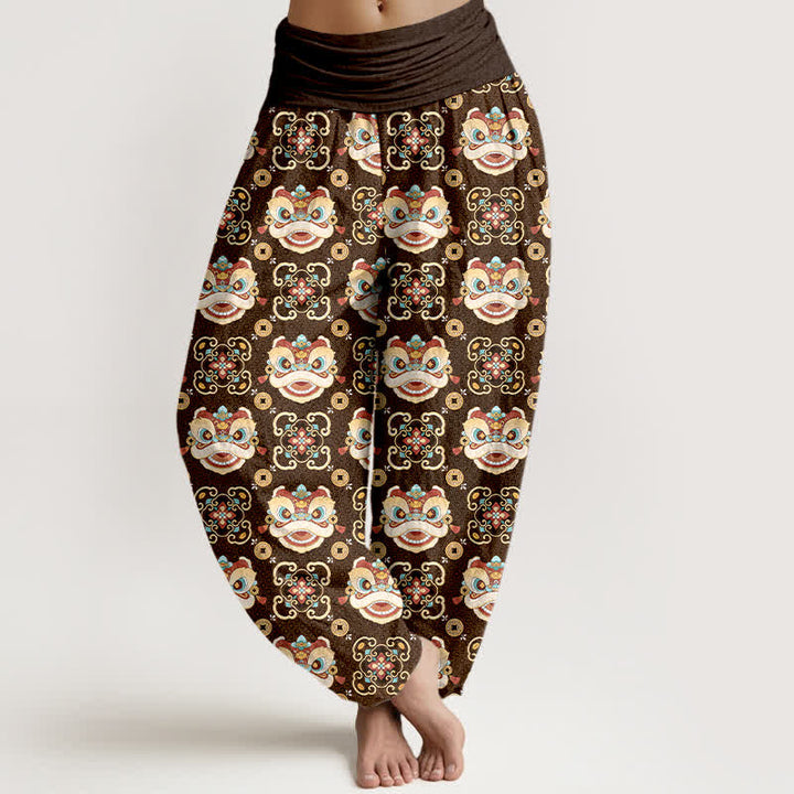 Buddha Stones Pantaloni harem da donna in cotone con motivo a maschera di leone tribale e elastico in vita. - Marrone sella - US16, UK/AU20, EU48 (3XL) - image 8