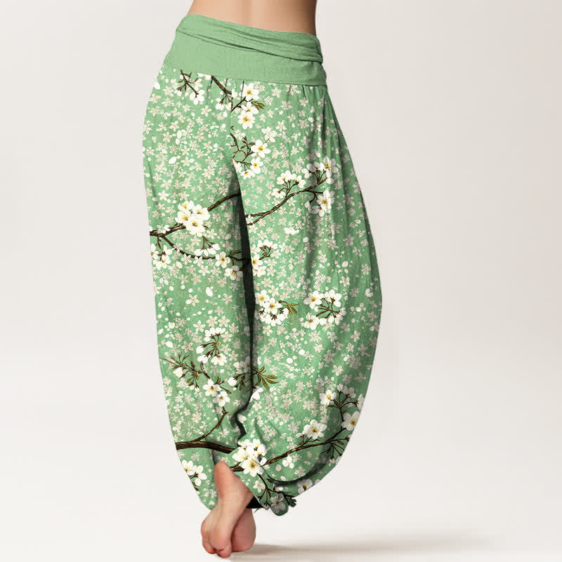 Buddha Stones Pantaloni harem da donna in cotone con motivo a rami di fiori bianchi e vita elasticizzata - image 2