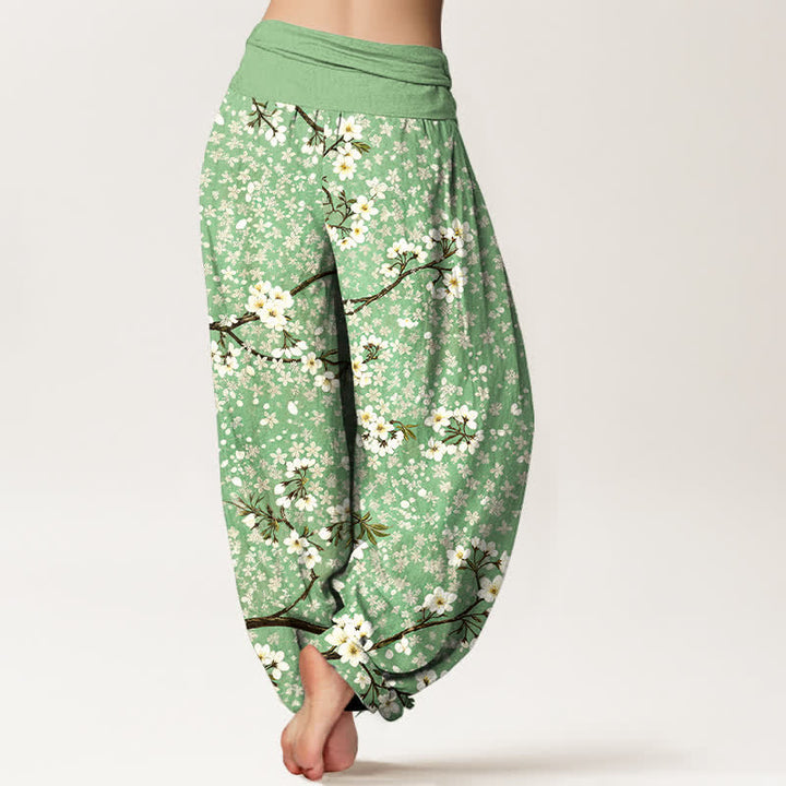 Buddha Stones Pantaloni harem da donna in cotone con motivo a rami di fiori bianchi e vita elasticizzata - image 2