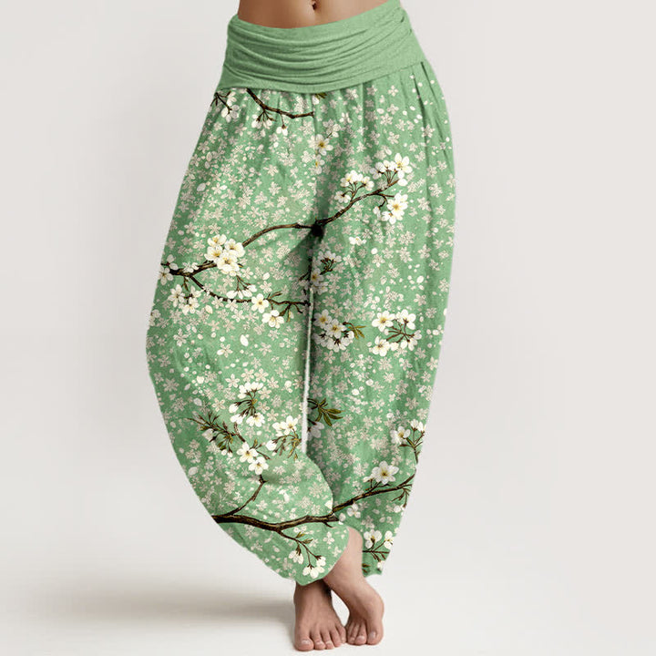 Buddha Stones Pantaloni harem da donna in cotone con motivo a rami di fiori bianchi e vita elasticizzata - Verde chiaro - US16, UK/AU20, EU48 (3XL) - image 0