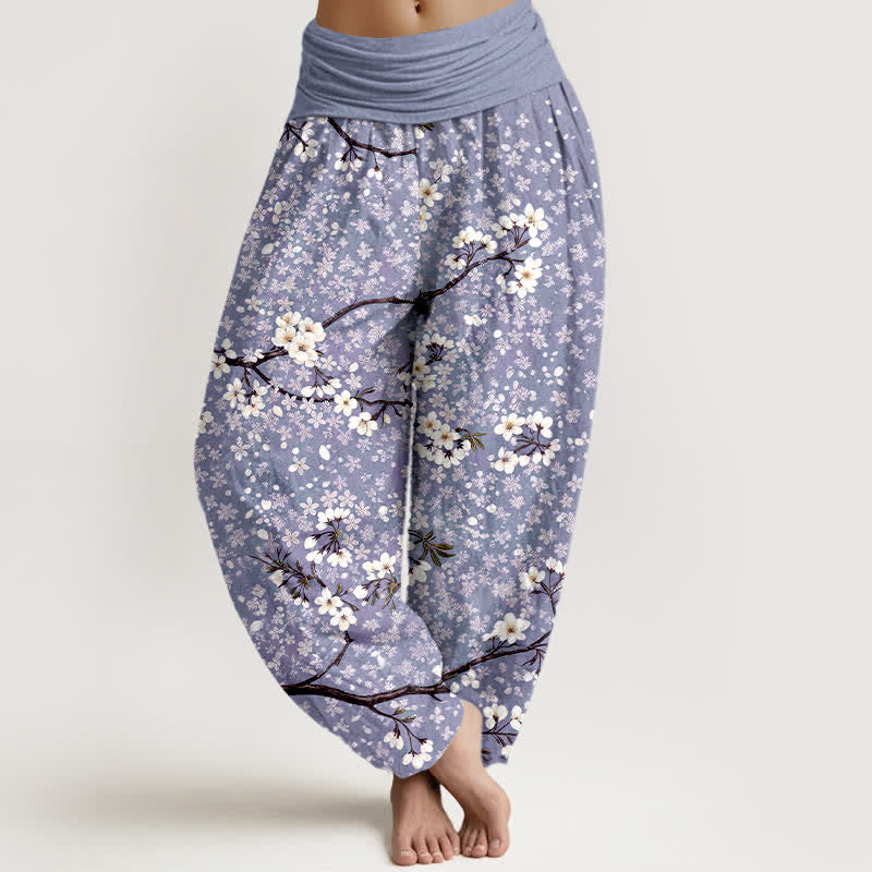 Buddha Stones Pantaloni harem da donna in cotone con motivo a rami di fiori bianchi e vita elasticizzata - Lavanda - US16, UK/AU20, EU48 (3XL) - image 5