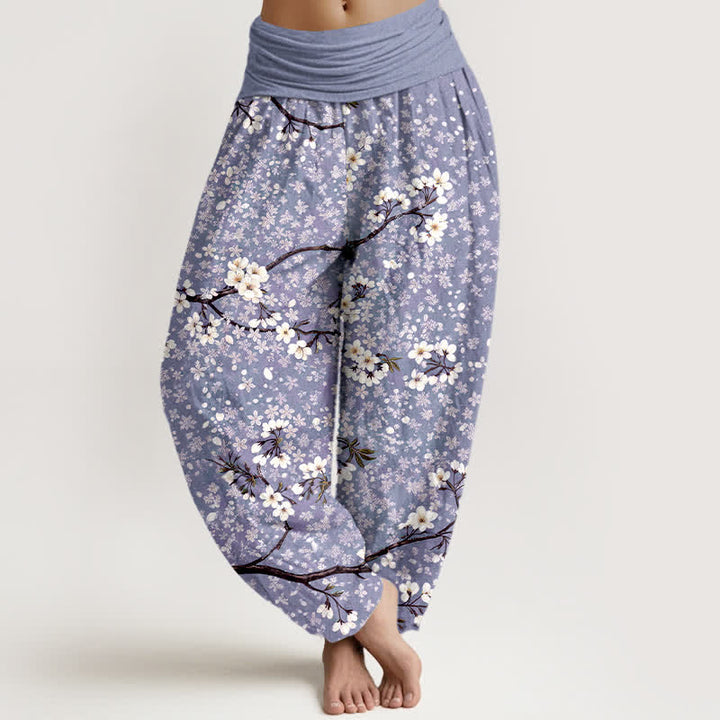 Buddha Stones Pantaloni harem da donna in cotone con motivo a rami di fiori bianchi e vita elasticizzata - Lavanda - US16, UK/AU20, EU48 (3XL) - image 5