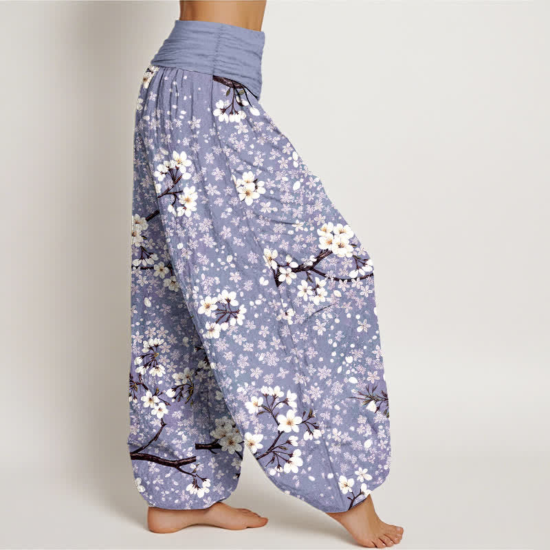 Buddha Stones Pantaloni harem da donna in cotone con motivo a rami di fiori bianchi e vita elasticizzata - image 6