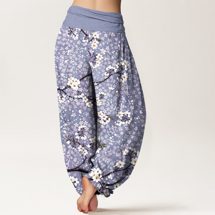 Buddha Stones Pantaloni harem da donna in cotone con motivo a rami di fiori bianchi e vita elasticizzata - image 7
