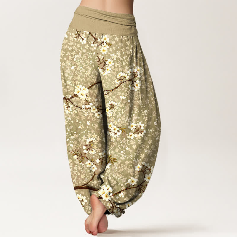 Buddha Stones Pantaloni harem da donna in cotone con motivo a rami di fiori bianchi e vita elasticizzata - image 10