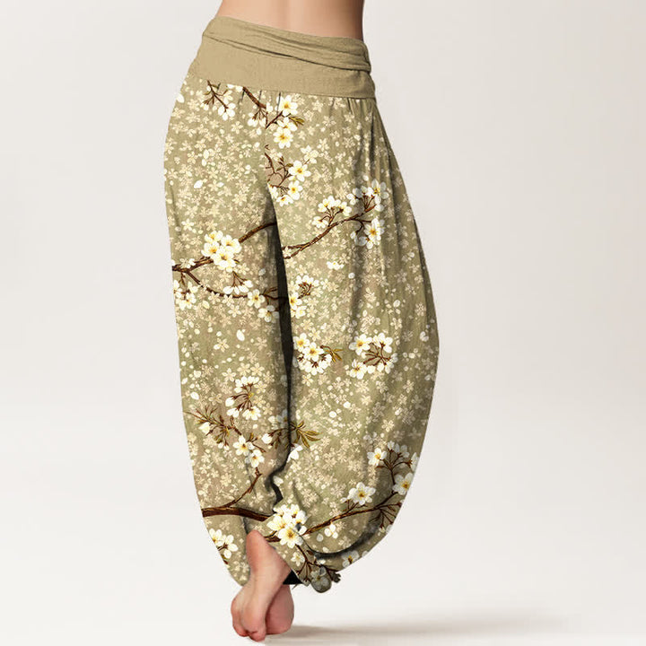 Buddha Stones Pantaloni harem da donna in cotone con motivo a rami di fiori bianchi e vita elasticizzata - image 10