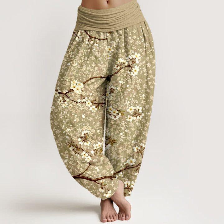 Buddha Stones Pantaloni harem da donna in cotone con motivo a rami di fiori bianchi e vita elasticizzata - Cachi scuro - US16, UK/AU20, EU48 (3XL) - image 8