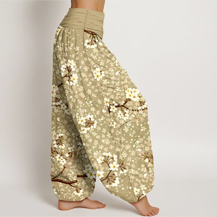 Buddha Stones Pantaloni harem da donna in cotone con motivo a rami di fiori bianchi e vita elasticizzata - image 9