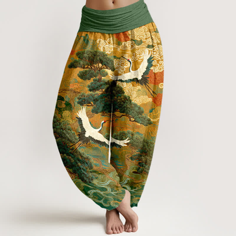 Buddha Stones Pantaloni harem da donna in cotone con motivo a onde e gru, vita elasticizzata. - Verde lime - US16, UK/AU20, EU48 (3XL) - image 0