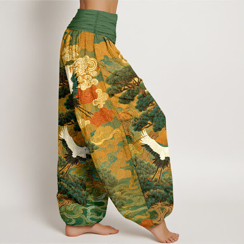 Buddha Stones Pantaloni harem da donna in cotone con motivo a onde e gru, vita elasticizzata. - image 1