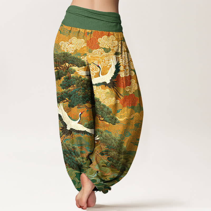 Buddha Stones Pantaloni harem da donna in cotone con motivo a onde e gru, vita elasticizzata. - image 2