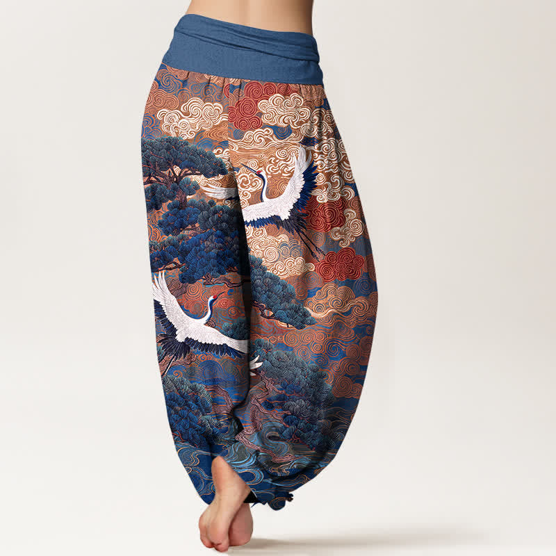 Buddha Stones Pantaloni harem da donna in cotone con motivo a onde e gru, vita elasticizzata. - image 7
