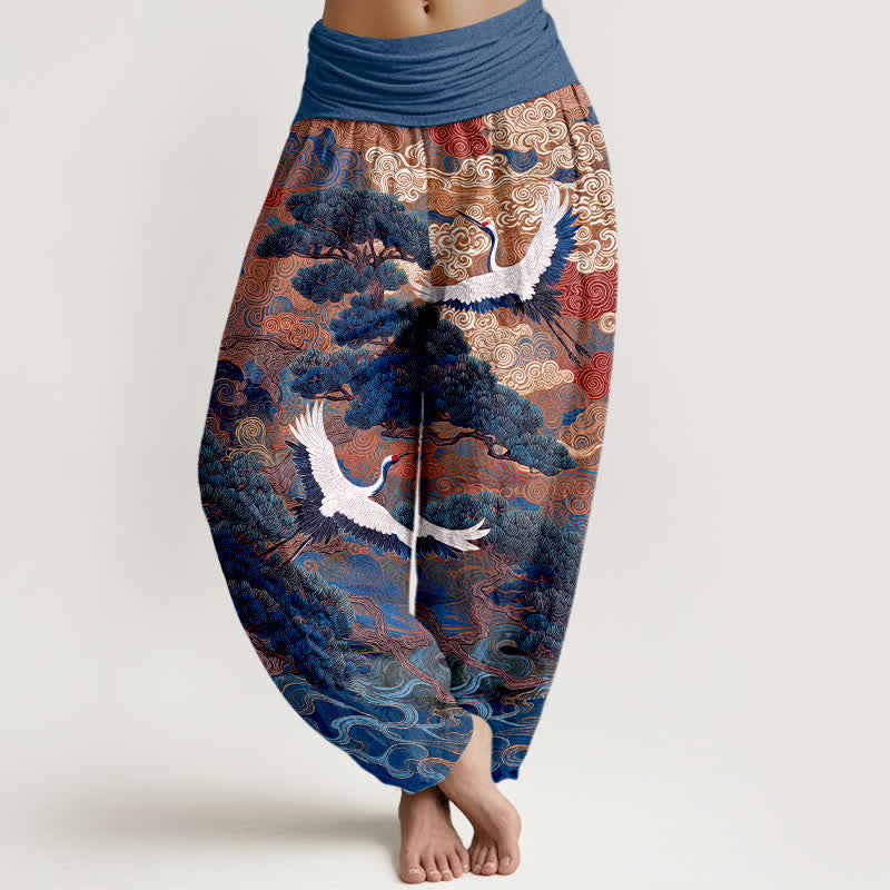 Buddha Stones Pantaloni harem da donna in cotone con motivo a onde e gru, vita elasticizzata. - Marina - US16, UK/AU20, EU48 (3XL) - image 5