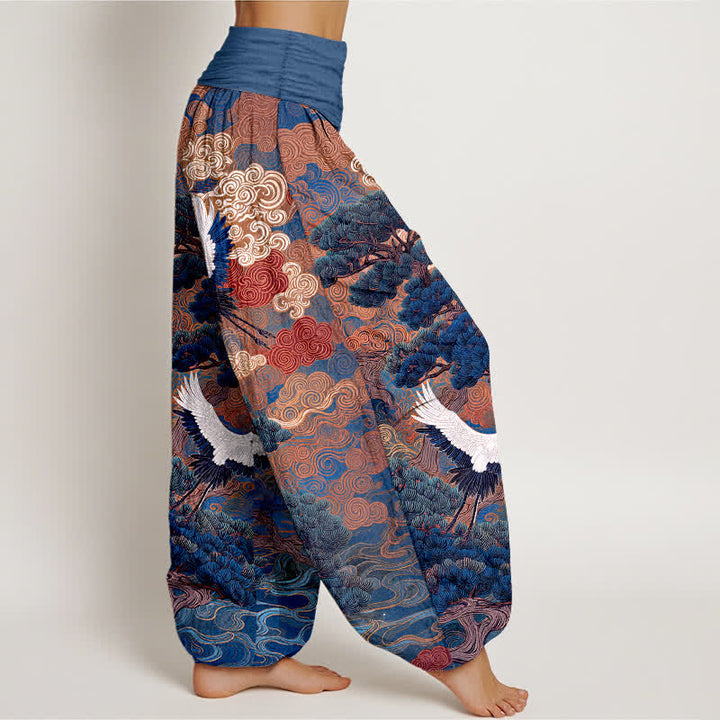 Buddha Stones Pantaloni harem da donna in cotone con motivo a onde e gru, vita elasticizzata. - image 6