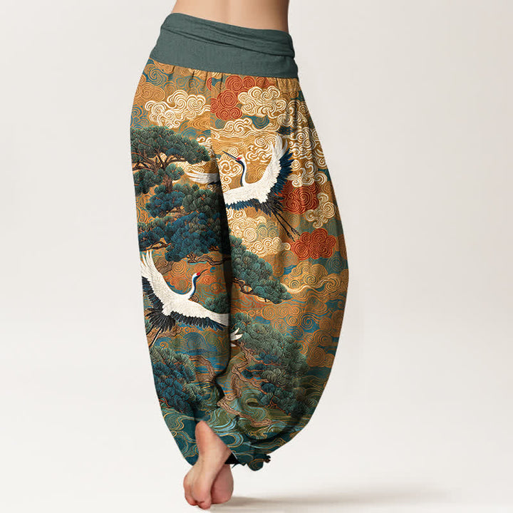 Buddha Stones Pantaloni harem da donna in cotone con motivo a onde e gru, vita elasticizzata. - image 10