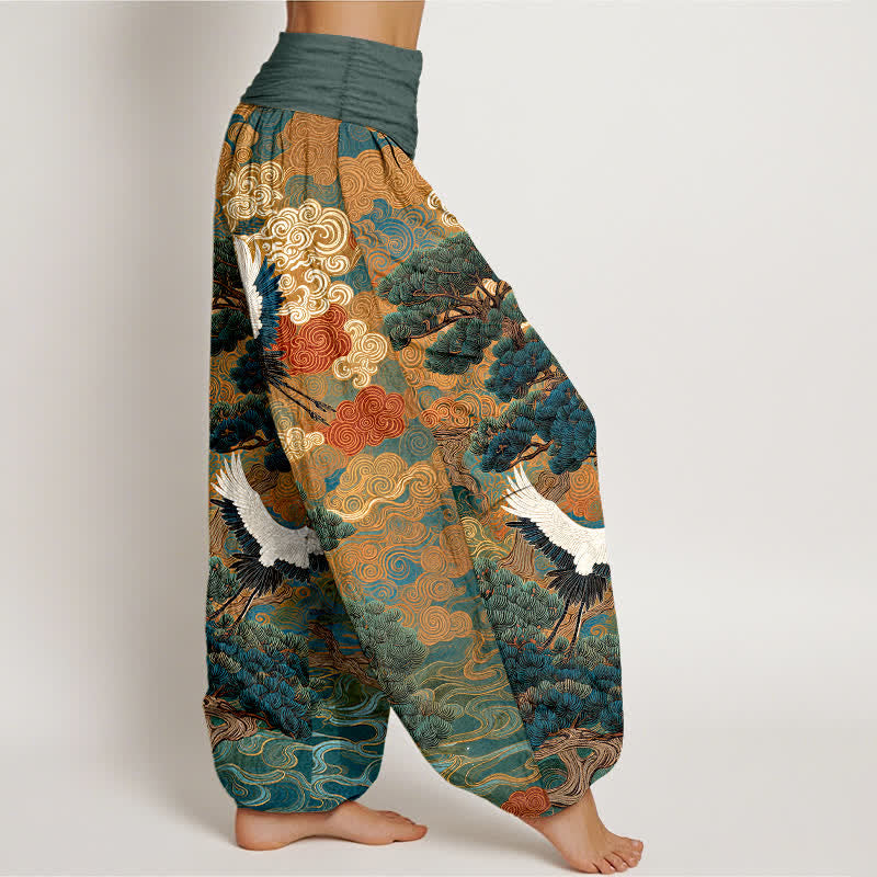 Buddha Stones Pantaloni harem da donna in cotone con motivo a onde e gru, vita elasticizzata. - image 9