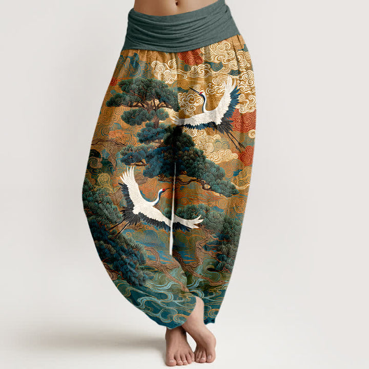Buddha Stones Pantaloni harem da donna in cotone con motivo a onde e gru, vita elasticizzata. - Cadetto Blu - US16, UK/AU20, EU48 (3XL) - image 8