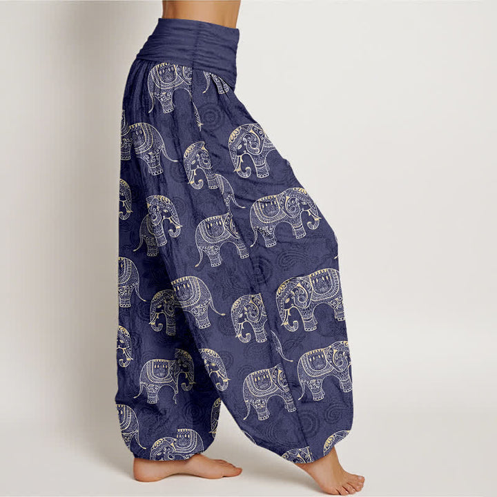 Buddha Stones Pantaloni harem da donna in cotone con fantasia a elefanti bianchi e elastico in vita. - image 1
