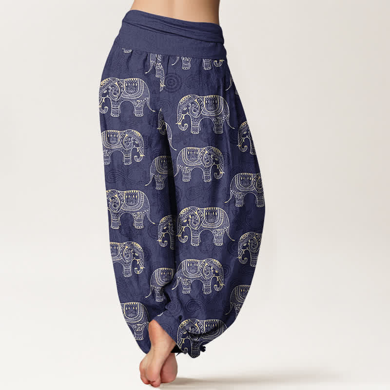 Buddha Stones Pantaloni harem da donna in cotone con fantasia a elefanti bianchi e elastico in vita. - image 2