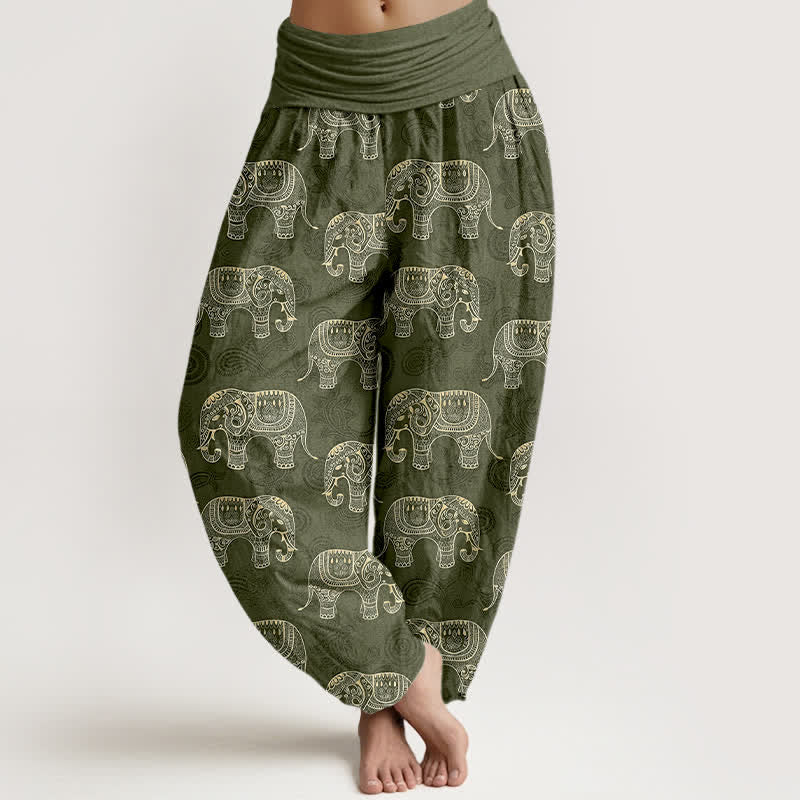 Buddha Stones Pantaloni harem da donna in cotone con fantasia a elefanti bianchi e elastico in vita. - Verde oliva - US16, UK/AU20, EU48 (3XL) - image 5