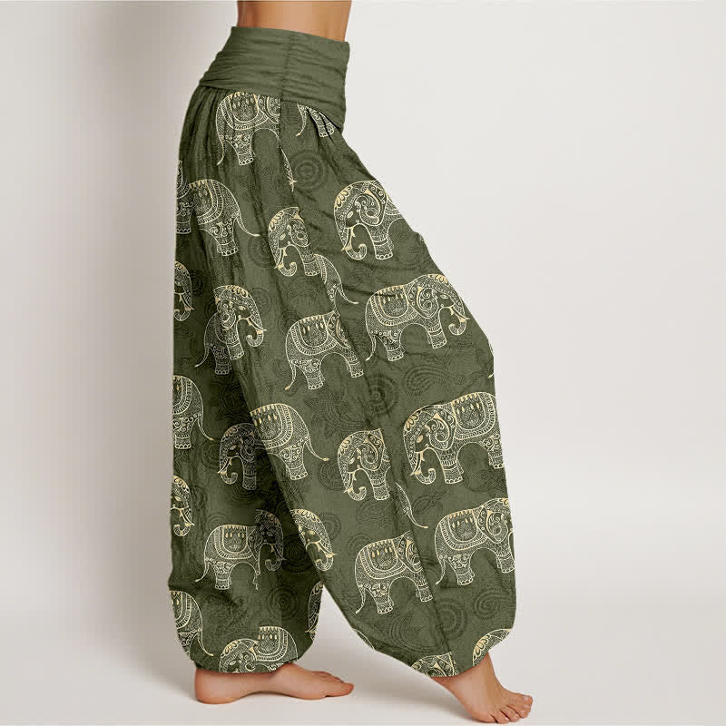 Buddha Stones Pantaloni harem da donna in cotone con fantasia a elefanti bianchi e elastico in vita. - image 6