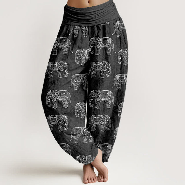 Buddha Stones Pantaloni harem da donna in cotone con fantasia a elefanti bianchi e elastico in vita. - Grigio tenue - US16, UK/AU20, EU48 (3XL) - image 8