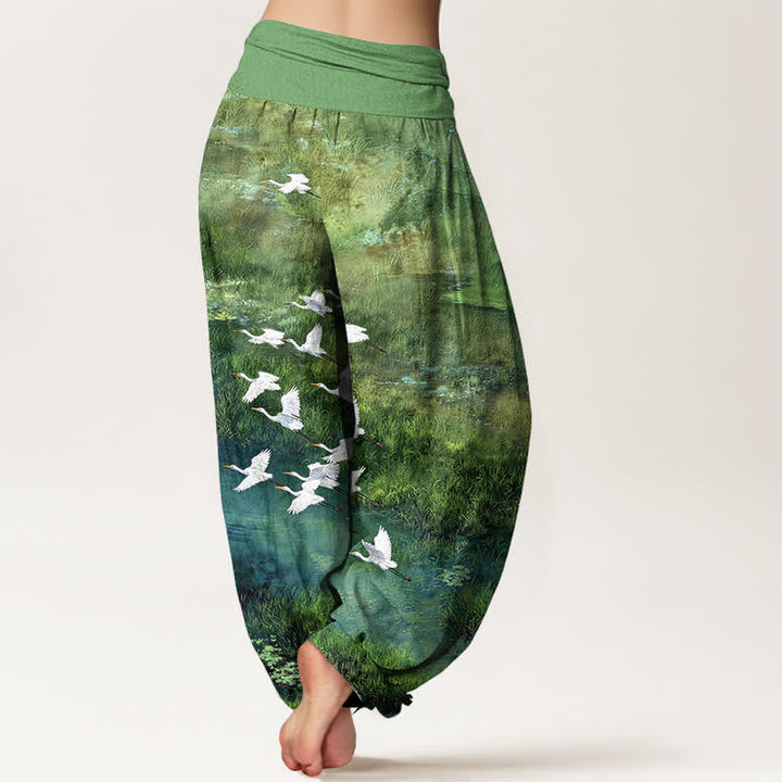 Buddha Stones Pantaloni harem da donna con elastico in vita, fantasia Cotton Forest Lake Flying Bird. - image 2